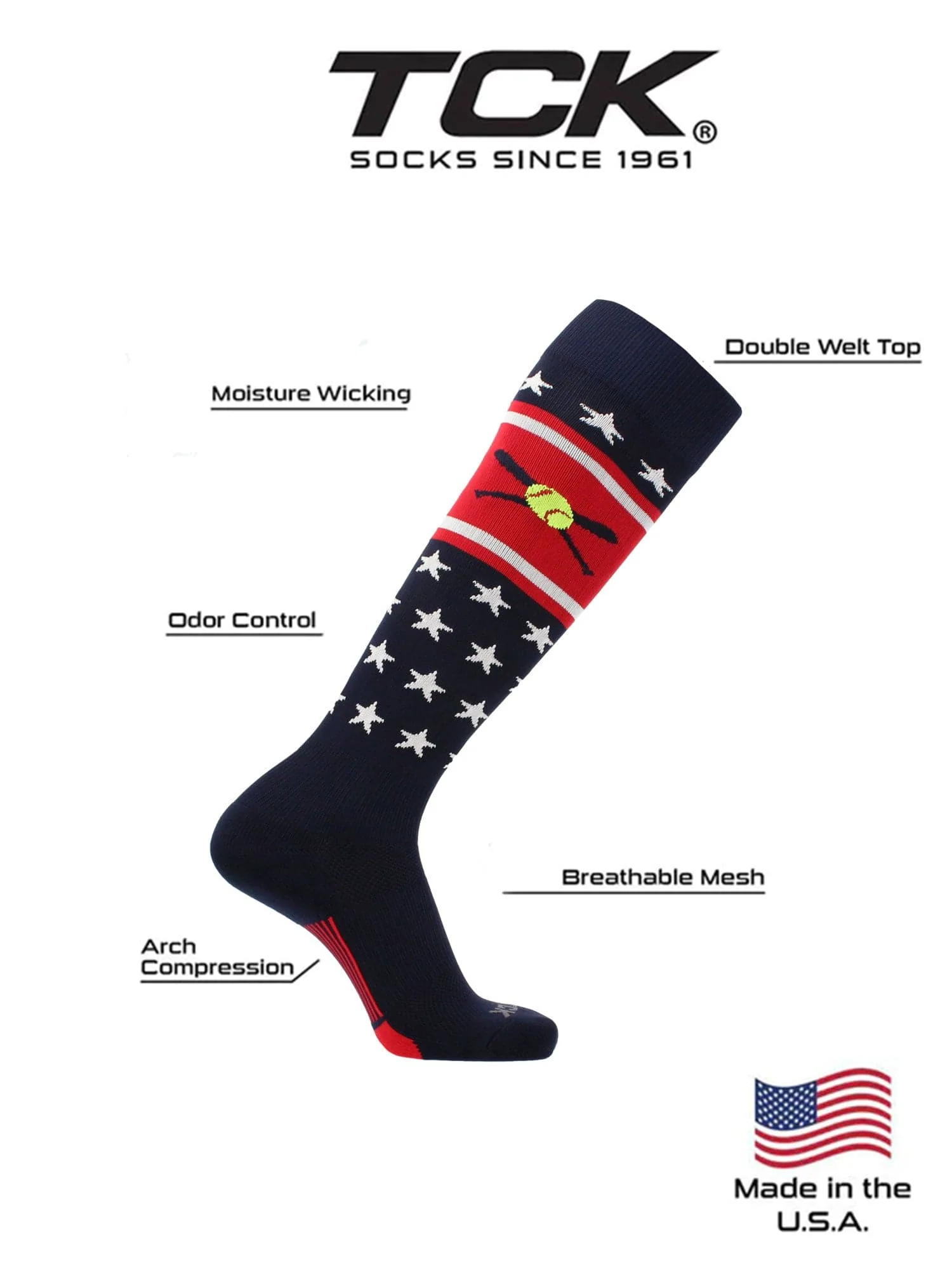 Patriotic USA Softball Socks with Softball Bats Logo - Image 3